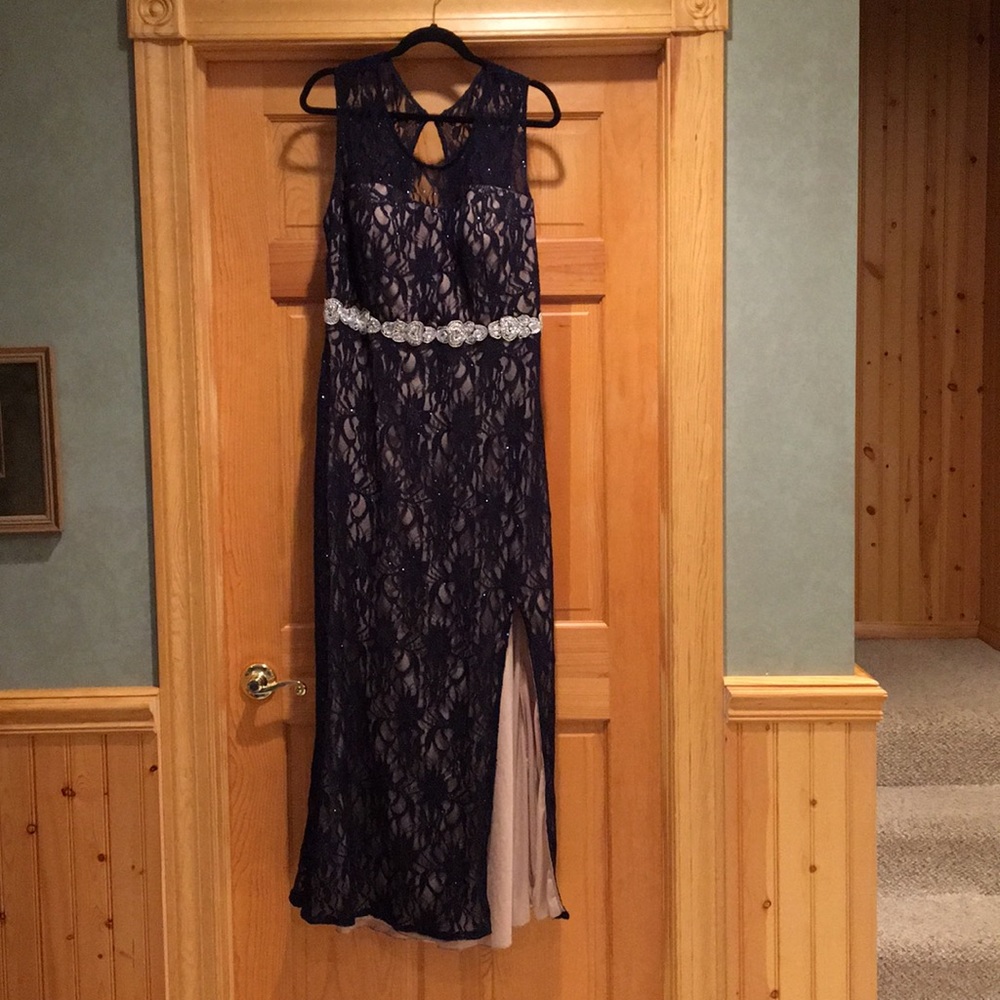 Navy Blue Lace Prom dress with beaded belt